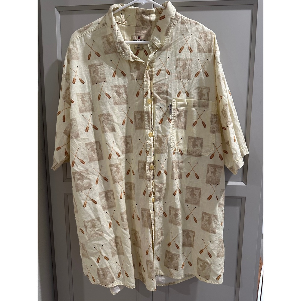 Woolrich Mens 2XL Short Sleeve Button Down Oar Novelty Print Shirt Cream Tan